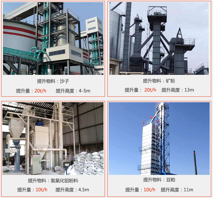 斗式提升机用户使用现场图片：提升沙子提升量：20t/h提升高度：4-5m提升物料：矿粉提升量：20t/h提升高度：13m提升物料：氢氧化铝粉料 提升量：10t/h提升高度：4-5m提升物料：豆粕提升量：10t/h提升高度：11m